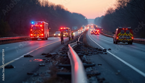 Emergency vehicles respond to guardrail damage on highway at dusk. First responders secure scene, manage traffic after road incident. Cars stopped in distance.