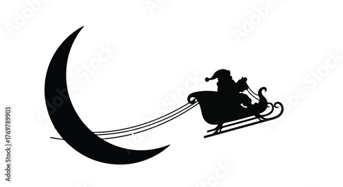 Santa's sleigh flies past a crescent moon on a magical night.