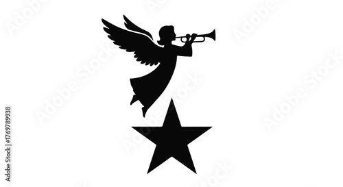 Silhouette of an angel with wings playing a trumpet above a star on a white background