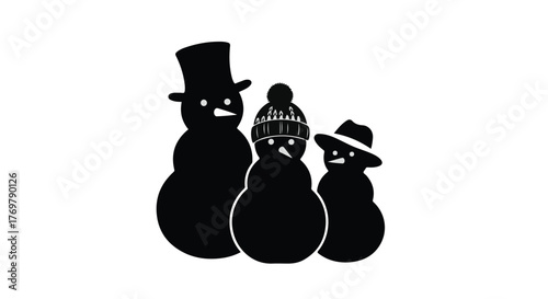 Three cheerful snowmen with hats stand together on a white background, ready for winter fun.