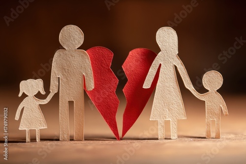 Paper family figures with broken heart symbolizing divorce separation custody and emotional relationship breakdown concept illustration