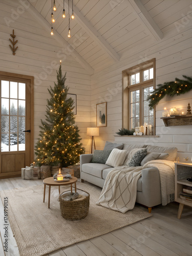 Scandinavian cozy living room with Christmas tree lights, neutral decor, and warm wood textures.