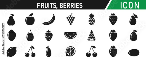 Fruits, berries glyph icon set. Including Apple, Banana, Orange, Strawberry, Grapes, Pineapple, Cherry, Lemon. Vector silhouette sign illustration