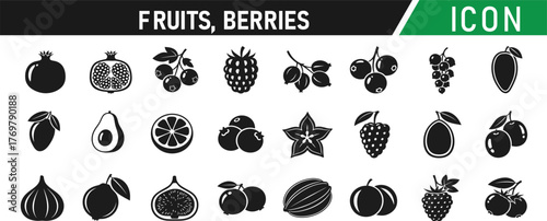 Fruits, berries glyph icon set. Including Apple, Banana, Orange, Strawberry, Grapes, Pineapple, Cherry, Lemon. Vector silhouette sign illustration