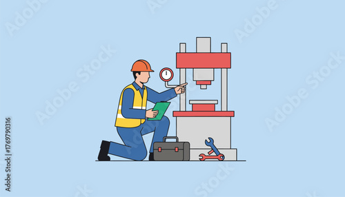 Industrial worker in hard hat and safety vest inspects a factory machine with clipboard and wrench, performing maintenance, quality control and diagnostics in manufacturing setting