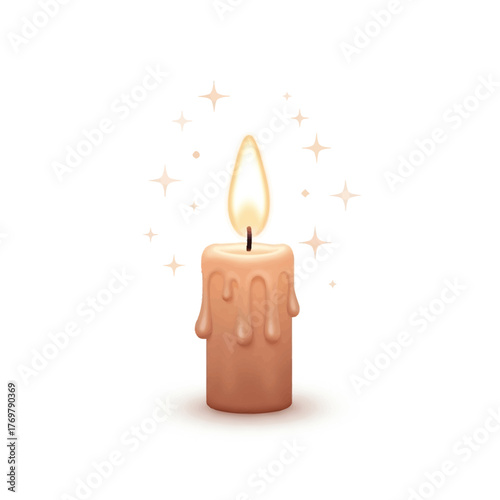 Glowing Candle with Dripping Wax and Sparkling Stars on a White Background