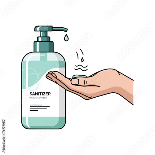 Hand sanitizer dispenser pouring disinfectant onto a hand for cleanliness and protection