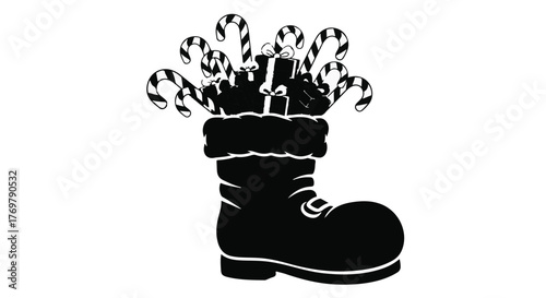 Festive Christmas boot overflowing with candy canes and gifts, a symbol of holiday cheer and abundance.