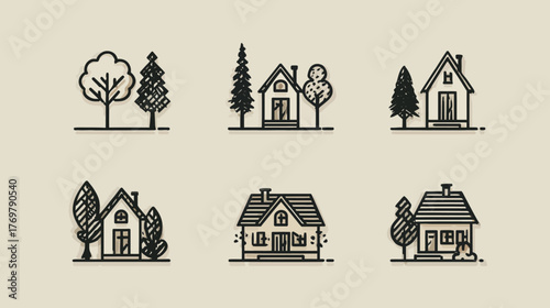 Six distinct, rustic outline house and tree illustrations on a light background