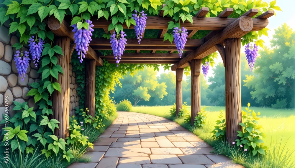 Fototapeta premium Wooden pergola covered with purple flowers