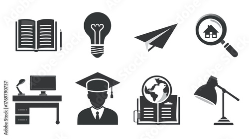 Collection of eight gray illustrations, each representing educational and professional symbols