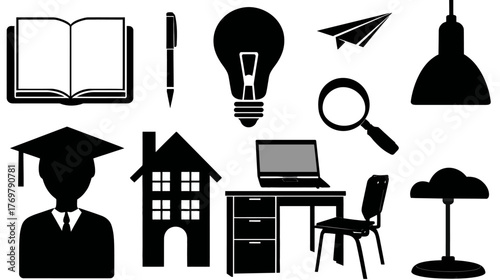 Collection of various silhouette illustrations of education, work, and home symbols