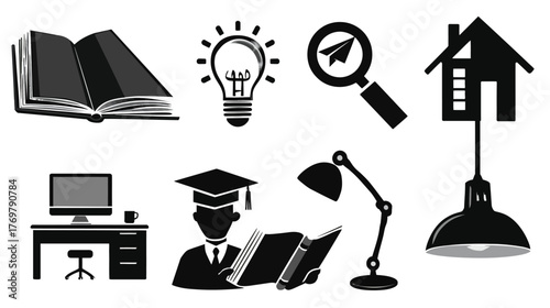 Black and white silhouette icons of reading, researching, education, and home-related objects