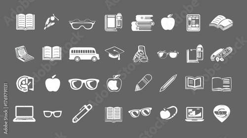 A collection of back-to-school related icons in white on a gray background