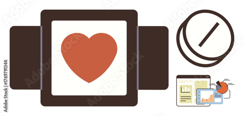 Heart displayed on monitor, pill symbol, and data charts. Ideal for health tech, wellness, pharmaceuticals, research, innovation analytics and healthcare. Clean simple flat metaphor
