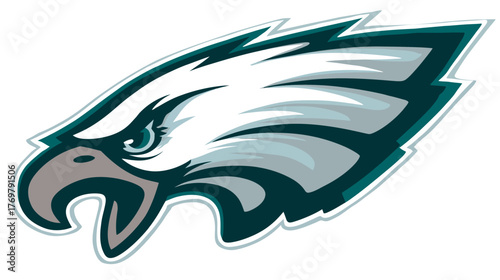 Stylized head of an eagle facing left, outlined in dark teal and white on white