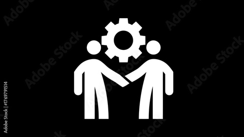White pictogram showing two figures shaking hands beneath a gear on a solid black background