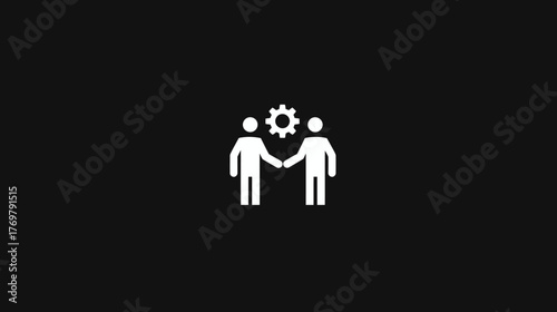 A simple white graphic on black background. Two figures shake hands; gear above