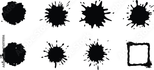 Ink splatter vector set, grunge blots and frame elements for creative design