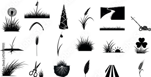 Collection of black and white silhouette illustrations of grass plants and gardening tools