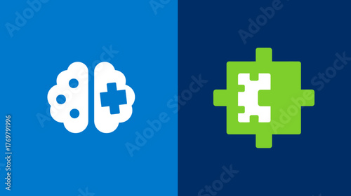 A conceptual graphic of a brain icon and puzzle piece on a split blue background.