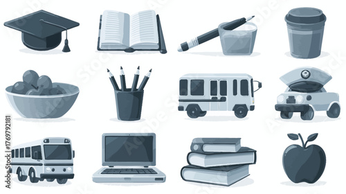 A collection of education-themed icons in a painterly, monochrome style