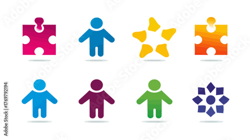 Collection of colorful abstract puzzle pieces, people icons, star, and a geometric flower