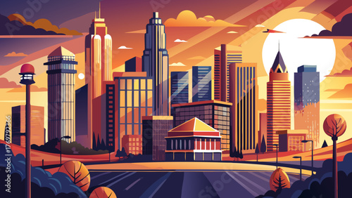 Very beautiful Atlanta vector travel poster in cinematic minimal landscape art style, showcasing the skyline, modern skyscrapers, and golden sunset glow that reflects Georgia’s dynamic and vibrant