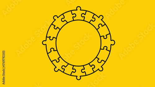 A circular arrangement of black puzzle pieces on a bright yellow background