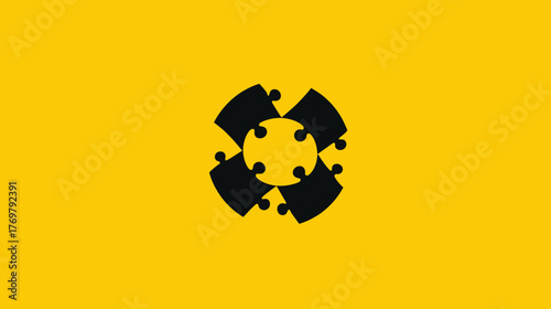 Four black curved jigsaw pieces form a circular symbol on a solid yellow background