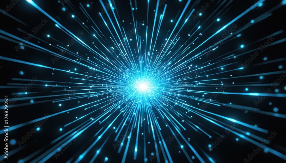 Naklejka premium Bright blue light beams radiate from central point against dark background. Tiny glowing dots spread outwards with lines, creating abstract digital effect suggesting speed and data transfer.