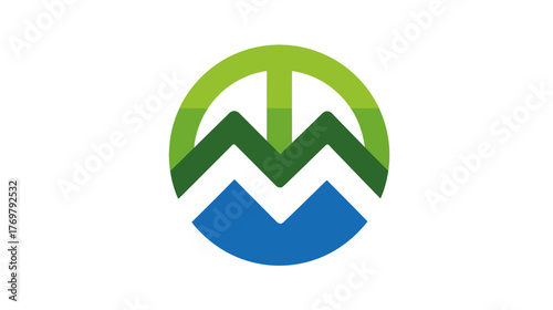 Stylized circular emblem of green mountains over a blue base on a white background