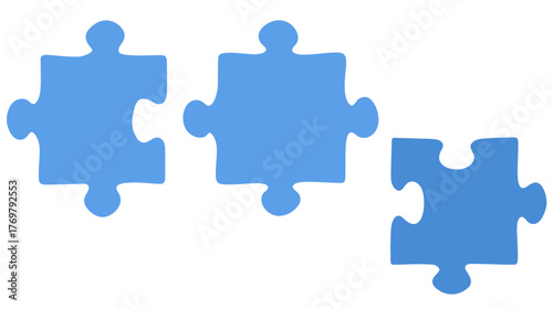 Three isolated blue puzzle pieces, each a unique shape, floating on a white background
