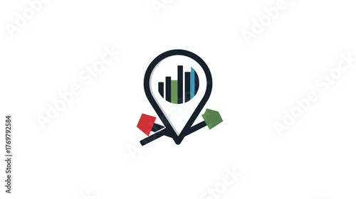 A location pin contains a bar chart with rising bars and directional arrows