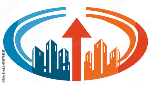 Stylized cityscape with upward arrow and curved bands