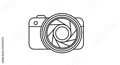 A minimalist white line art icon of a camera with an aperture, set against a stark black background, symbolizing photography, vision, and visual creativity, perfect for digital media and design