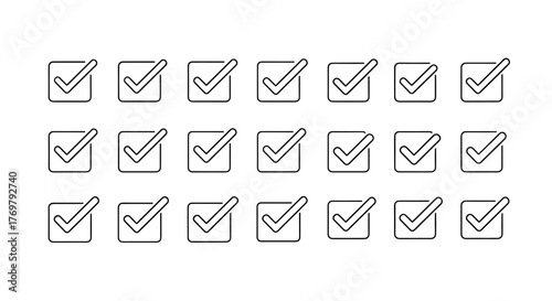 Set of simple checkmark icons within boxes, showcasing varying line widths and the approved symbol, presented in a clean, flat vector style on a white background, ideal for representing completion