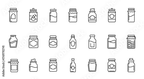 Collection of diverse glass jars and bottles with lids, presented as thin vector icons in a black and white outline style, perfect for food packaging, preservation, or culinary design elements. This