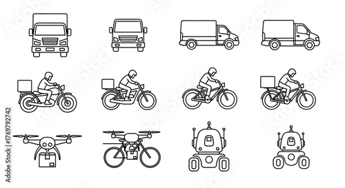Set of transport icons in line silhouette style, featuring front and side views of delivery vehicles including trucks, motorcycles, bicycles, drones, and robots, representing modern logistics and
