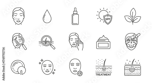 Facial Skin Care Icons Set: A Comprehensive Collection of Line Vector Illustrations for Dermatology, Featuring Simple Symbols for Skin Analysis, Treatments, and Products, Presented on a Clean White