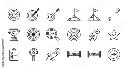 Target line icon set, featuring outline icons for goal achievement, focus, success, mission, arrows, trophy, rocket, checklist, and finish line, representing business objectives and strategic