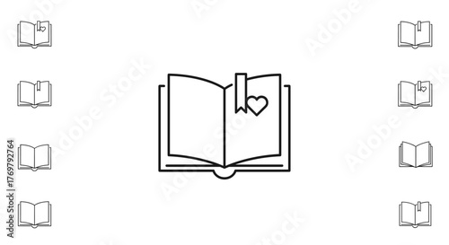 Open book icon with a bookmark featuring a heart symbol, presented in a clean, minimalist line art style. This vector graphic is part of a set of ordered line icons, ideal for digital and print