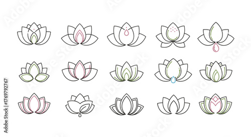 Set of 15 linear lotus flower icons, symbolizing beauty, spa, and tranquility. Each icon features a unique outline design with subtle color accents in pink, green, and blue, presented on a clean