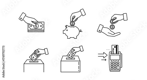 Set of six line-style icons illustrating various financial transactions and money management concepts, including depositing cash, inserting coins into a piggy bank, receiving coins, donating bills