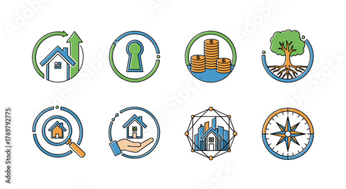 Set of eight abstract circular icons representing real estate concepts, including a house with an upward arrow, a keyhole, stacks of coins, a tree with roots, a magnifying glass over a house, a hand