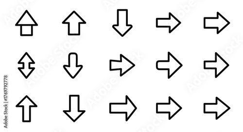 Collection of outline arrow icons, including up, down, left, and right directions, with editable stroke, perfect for infographics, articles, books, flyers, and banners, presented in a clean vector