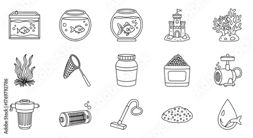 Collection of outline icons representing aquarium elements and accessories, including fish tanks, fish bowls, castle decorations, coral, aquatic plants, nets, food containers, filters, vacuums, and