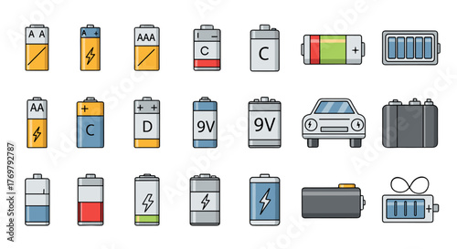 Collection of diverse battery icons and illustrations, including AA, AAA, C, D, 9V, car batteries, and a stylized infinity battery, presented in a clean, modern cartoon style with editable strokes