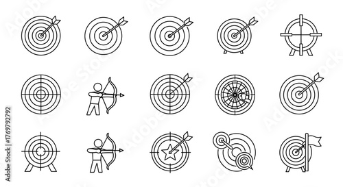 Collection of outline icons representing targets and archery, perfect for graphic design, web development, app interfaces, and advertising campaigns, featuring a clean, minimalist aesthetic suitable