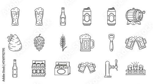 Collection of outline icons representing beer and brewing elements, including glasses of beer, bottles, cans, a barrel, hops, wheat, a bottle opener, a beer tap, and a six-pack, perfect for